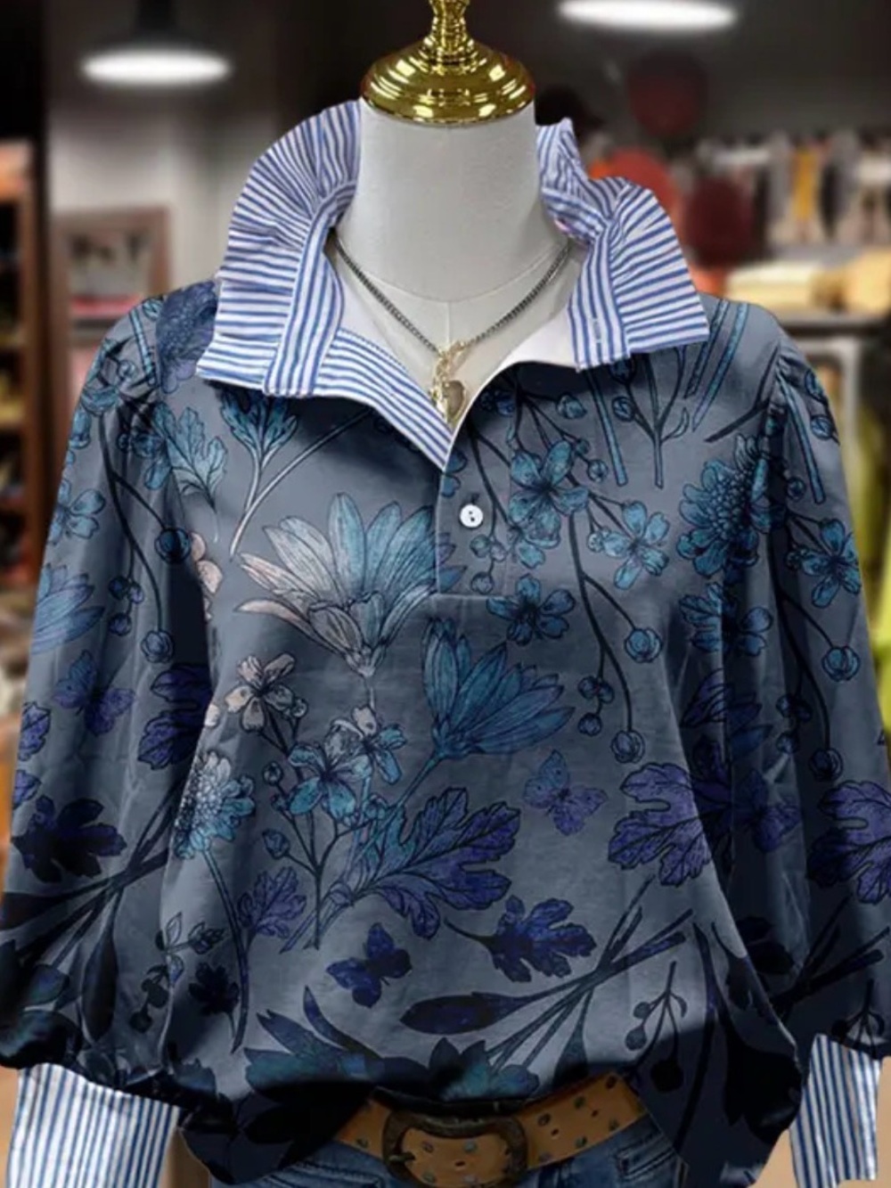 Cherrybetty Vintage Floral Print Elegant Long Sleeve Striped Blouse